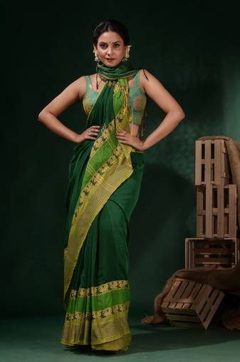 Green Cotton Handwoven Saree With Peacock & Texture Borders