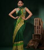 Green Cotton Handwoven Saree With Peacock & Texture Borders
