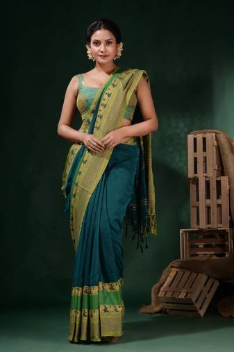 Teal Cotton Handwoven Saree With Peacock & Texture Borders