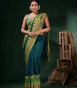 Teal Cotton Handwoven Saree With Peacock & Texture Borders
