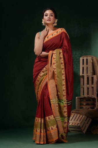 Blood Red Cotton Handwoven Saree With Peacock & Texture Borders