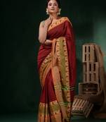 Blood Red Cotton Handwoven Saree With Peacock & Texture Borders