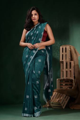 Turqoise Blue Cotton Handwoven Saree With Crisscross Motifs