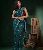 Turqoise Blue Cotton Handwoven Saree With Crisscross Motifs