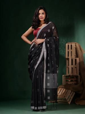 Black Cotton Handwoven Saree With Crisscross Motifs 1