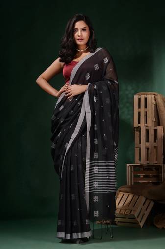 Black Cotton Handwoven Saree With Crisscross Motifs