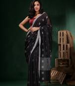 Black Cotton Handwoven Saree With Crisscross Motifs