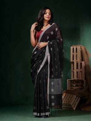Black Cotton Handwoven Saree With Crisscross Motifs 2