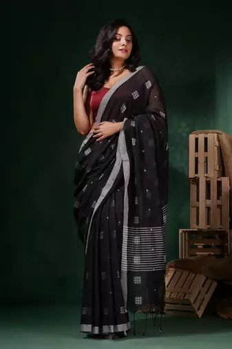 Black Cotton Handwoven Saree With Crisscross Motifs