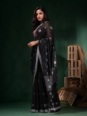 Black Cotton Handwoven Saree With Crisscross Motifs 3
