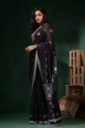 Black Cotton Handwoven Saree With Crisscross Motifs