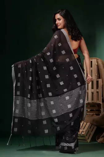 Black Cotton Handwoven Saree With Crisscross Motifs