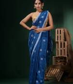 Sapphire Blue Cotton Handwoven Saree With Crisscross Motifs