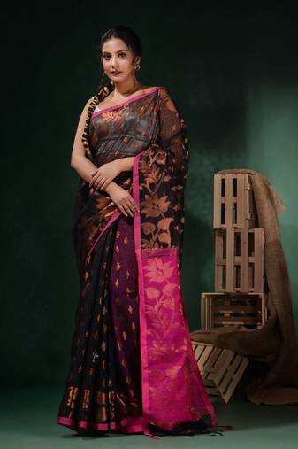 Black Cotton Silk Handwoven Saree With Woven Zari Designs