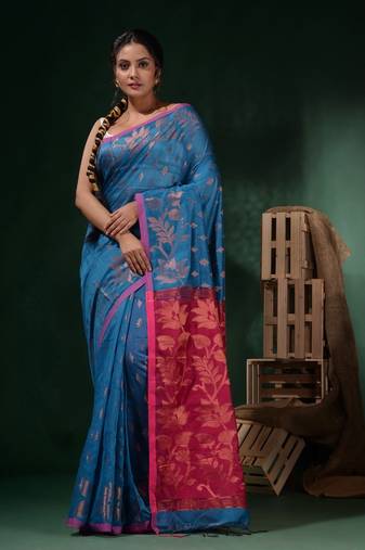 Sapphire Blue Cotton Silk Handwoven Saree With Woven Zari Designs