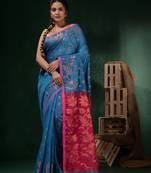 Sapphire Blue Cotton Silk Handwoven Saree With Woven Zari Designs
