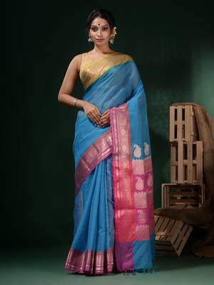 Sky Blue Resham Kota Handwoven Saree With Dual Borders And Ethnic Designs 1