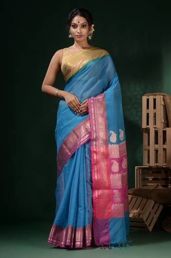 Sky Blue Resham Kota Handwoven Saree With Dual Borders And Ethnic Designs