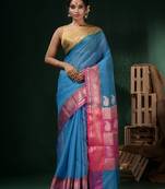 Sky Blue Resham Kota Handwoven Saree With Dual Borders And Ethnic Designs