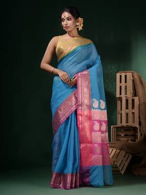 Sky Blue Resham Kota Handwoven Saree With Dual Borders And Ethnic Designs 2