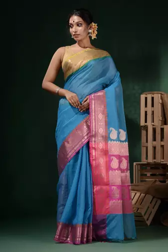 Sky Blue Resham Kota Handwoven Saree With Dual Borders And Ethnic Designs