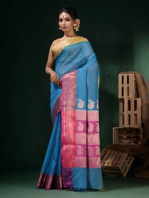 Sky Blue Resham Kota Handwoven Saree With Dual Borders And Ethnic Designs 3