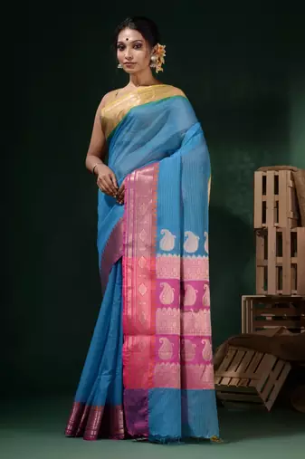 Sky Blue Resham Kota Handwoven Saree With Dual Borders And Ethnic Designs