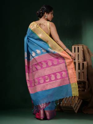 Sky Blue Resham Kota Handwoven Saree With Dual Borders And Ethnic Designs 4