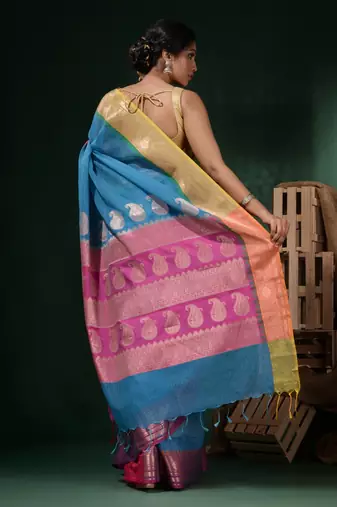 Sky Blue Resham Kota Handwoven Saree With Dual Borders And Ethnic Designs