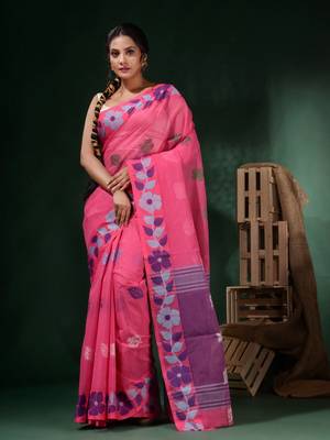 Pink Cotton Handwoven Soft Saree With Floral Border Without Blouse 1
