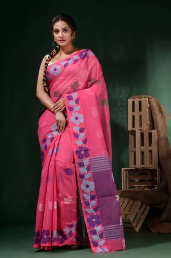 Pink Cotton Handwoven Soft Saree With Floral Border Without Blouse