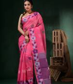 Pink Cotton Handwoven Soft Saree With Floral Border Without Blouse