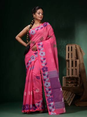 Pink Cotton Handwoven Soft Saree With Floral Border Without Blouse 2