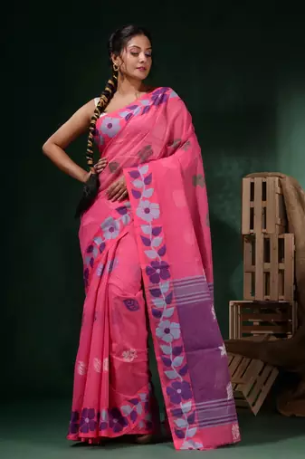 Pink Cotton Handwoven Soft Saree With Floral Border Without Blouse