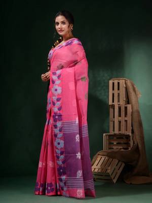 Pink Cotton Handwoven Soft Saree With Floral Border Without Blouse 3