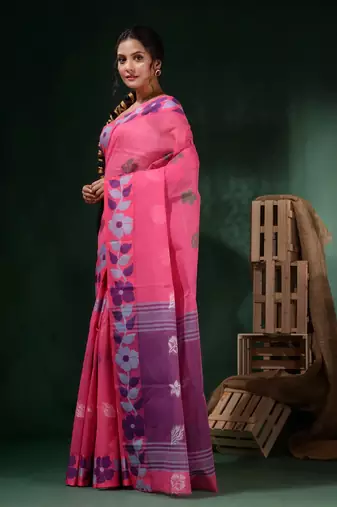 Pink Cotton Handwoven Soft Saree With Floral Border Without Blouse