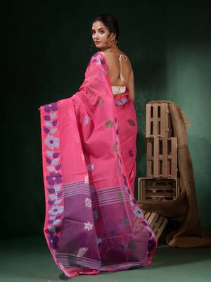 Pink Cotton Handwoven Soft Saree With Floral Border Without Blouse 4