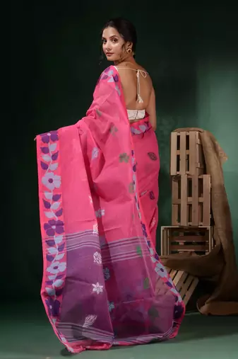 Pink Cotton Handwoven Soft Saree With Floral Border Without Blouse