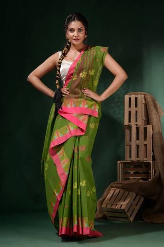 Parrot Green Cotton Handwoven Soft Saree With Temple Border Without Blouse