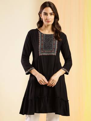 Black Rayon Yoke Embroidered Flared top 1