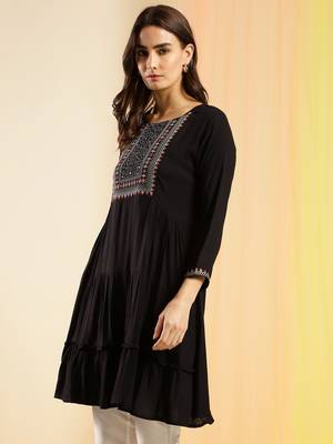 Black Rayon Yoke Embroidered Flared top 3
