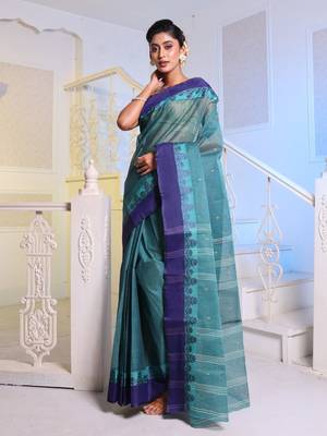 Teal Handwoven Cotton Tant Saree Without Blouse 1