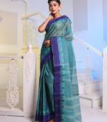 Teal Handwoven Cotton Tant Saree Without Blouse