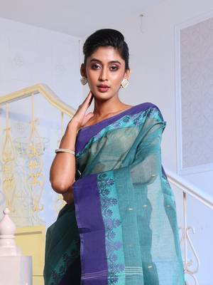 Teal Handwoven Cotton Tant Saree Without Blouse 2