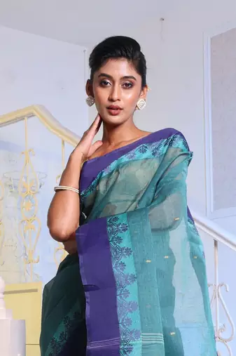 Teal Handwoven Cotton Tant Saree Without Blouse