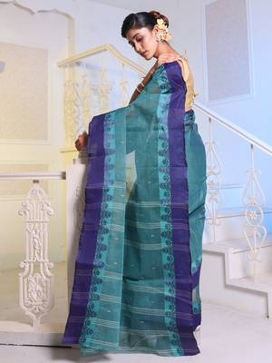 Teal Handwoven Cotton Tant Saree Without Blouse 3