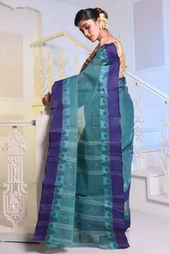 Teal Handwoven Cotton Tant Saree Without Blouse