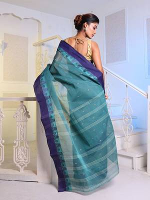 Teal Handwoven Cotton Tant Saree Without Blouse 4