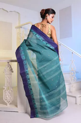 Teal Handwoven Cotton Tant Saree Without Blouse