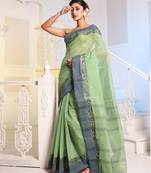 Light Green Handwoven Cotton Tant Saree Without Blouse